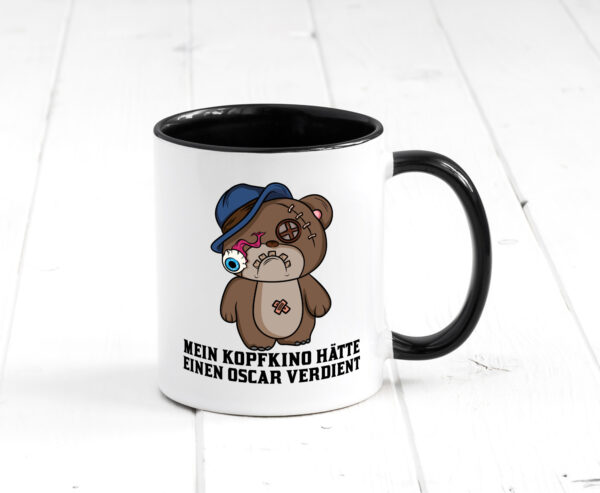 Mein Kopfkino hätte Oscar verdient | kaputter Bär | Comic Farbige Tasse - Kaffeetasse / Geschenk / Familie