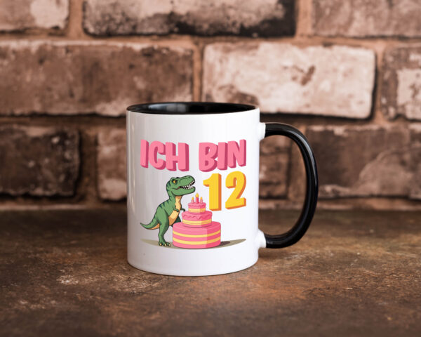 12 Geburtstag | 12 Jahre | Dinosaurier mit Kuchen Farbige Tasse - Kaffeetasse / Geschenk / Familie