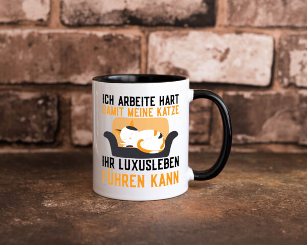 Ich arbeite hart | Luxusleben | Humor | Katzenliebhaber Farbige Tasse - Kaffeetasse / Geschenk / Familie